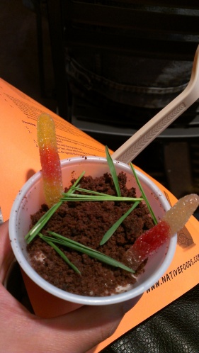Vegan dirt in a cup, complete with grass and worms. 
